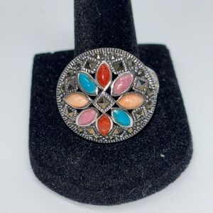 Elegant Marcasite and Multicolor Gemstone Ring